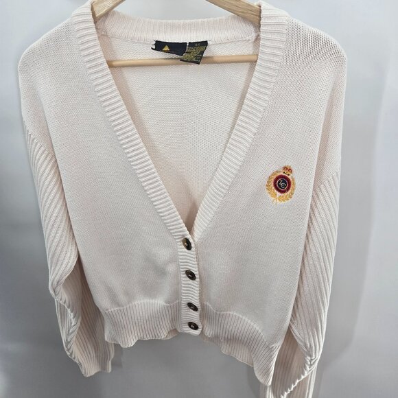 Vintage Sweaters - Vintage Liz Claiborne Cream Open Buttoned Logo Preppy Cotton Cardigan Small